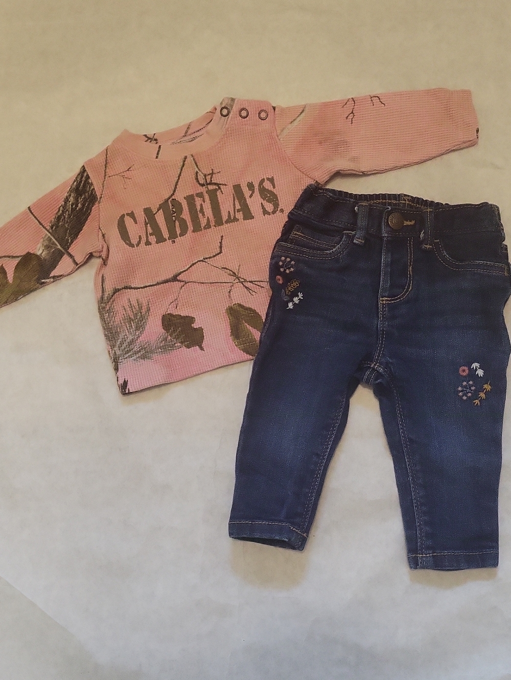 Cabela's pink camo waffle top and dark denim jeans set